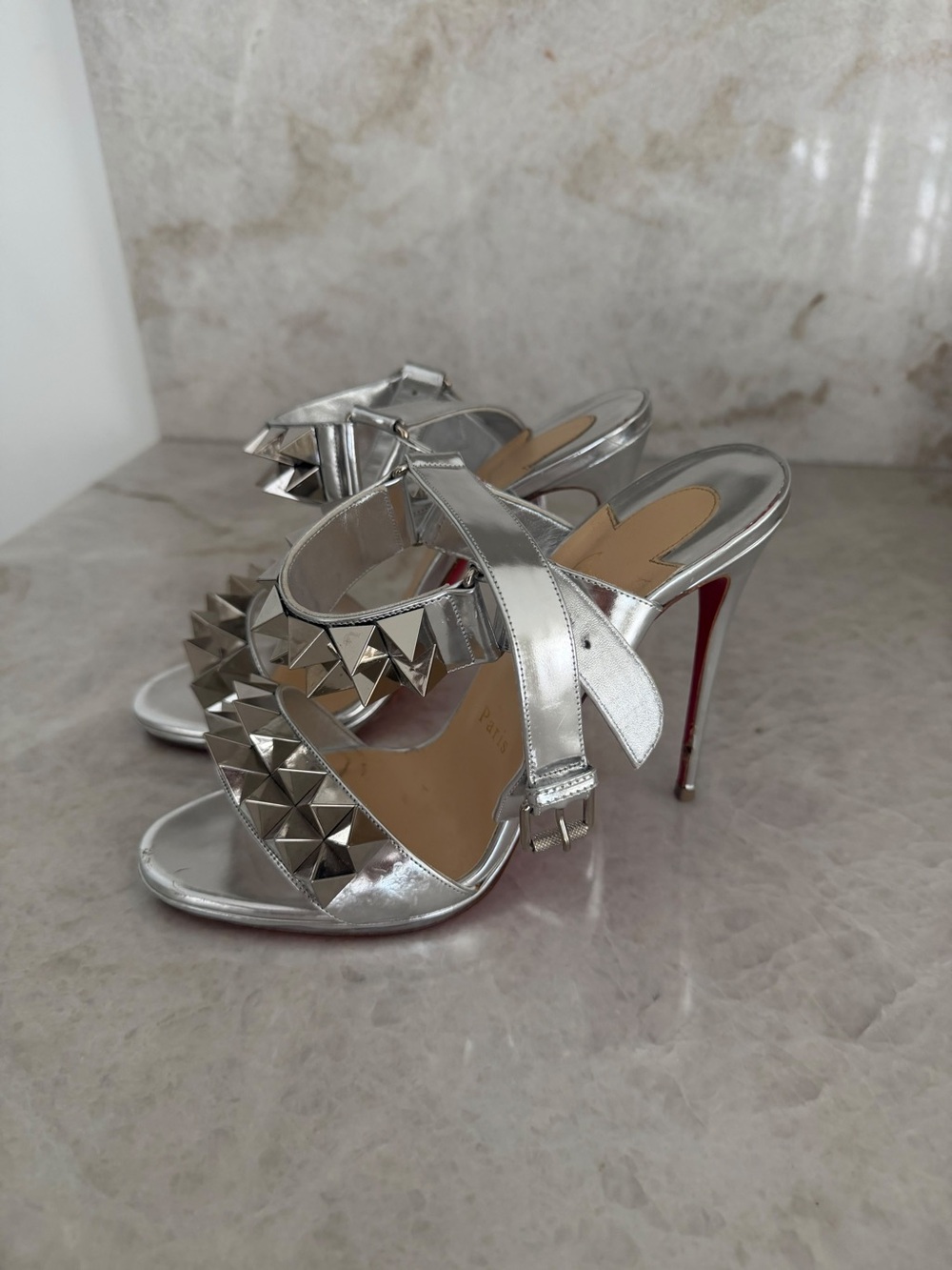 Christian Louboutin Silver Pyramid-Stud High Heel Sandals